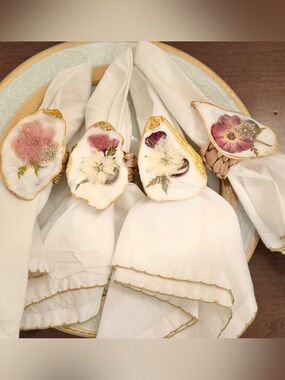 Handmade Floral Oyster Shell Napkin Rings with Gold Edges and woven rings